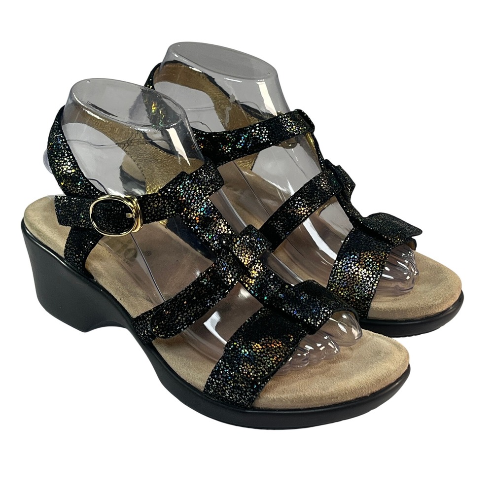 Alegria Sarah Oh Snap Sandal Womens 38/8-8.5 Black Glitter Leather Wedge Comfort